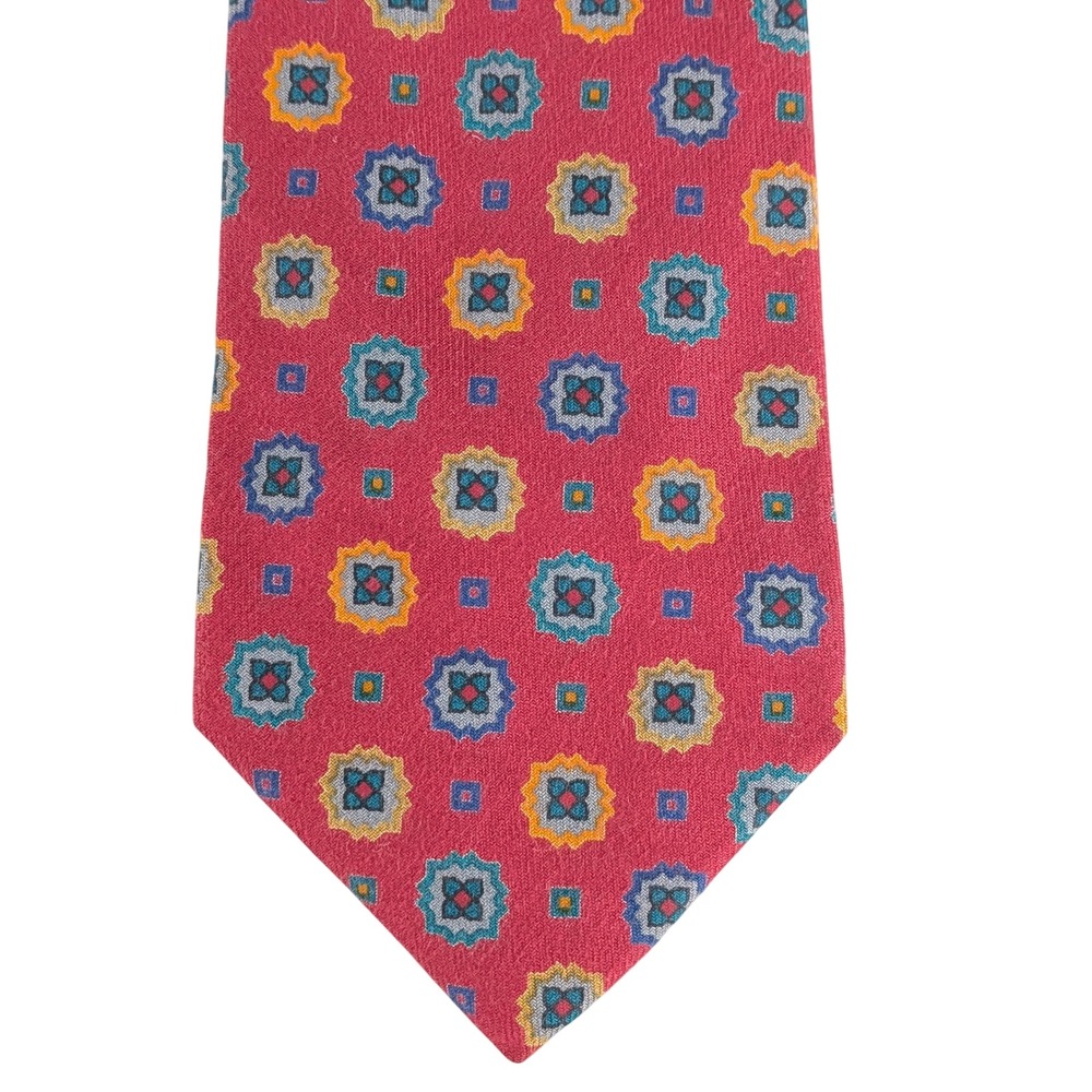 VTG Etro Mens Cotton Necktie Red Geometric Medallion Foulard Tie Italy 55.5x3.25